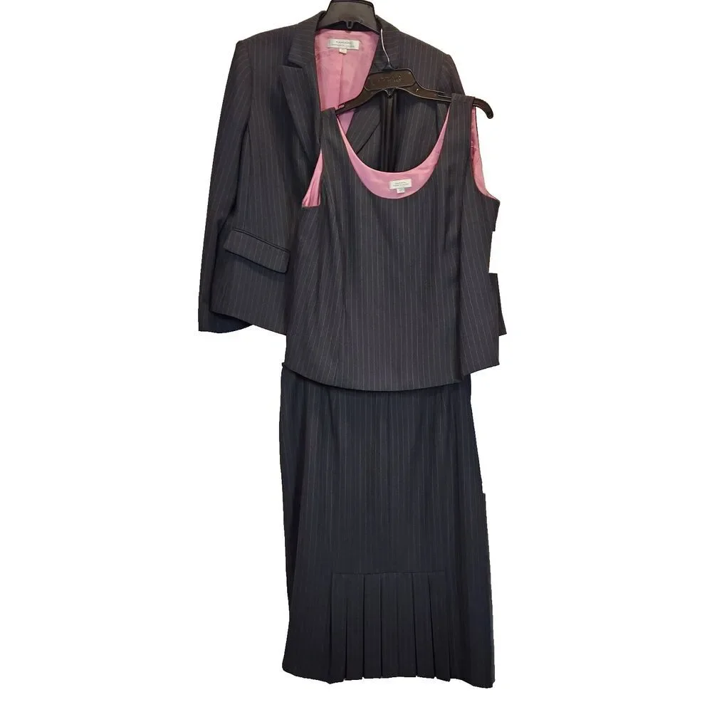 Tahari Pinstripe 3-Piece Suit Set Gray Pink Professional Business Attire - Picture 1 of 16